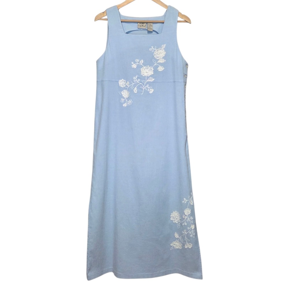 Vtg Koret City Blues Petite Light Blue Overall Jumper Dress Womens M Floral 90s